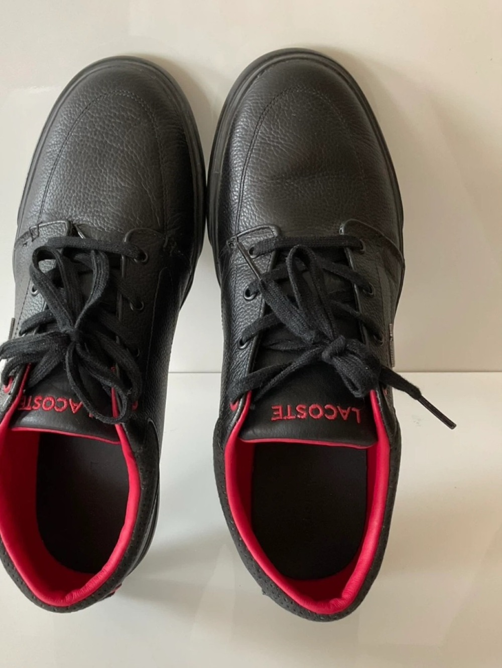 Lacoste Men’s Black Leather Sneakers with Red Interior Accent